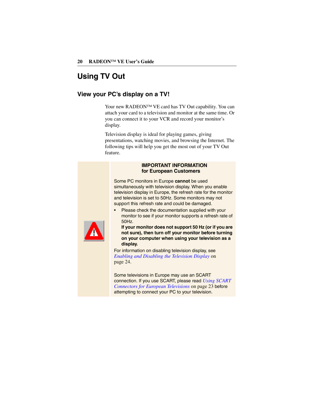 ATI Technologies 137-40225-20 Using TV Out, View your PC’s display on a TV, Important Information for European Customers 