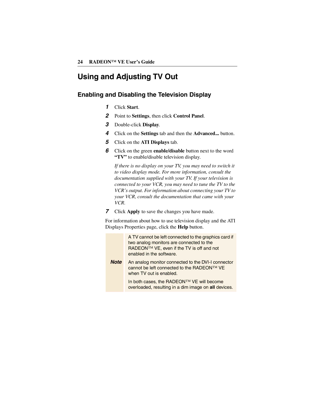 ATI Technologies 137-40225-20, VE manual Using and Adjusting TV Out, Enabling and Disabling the Television Display 