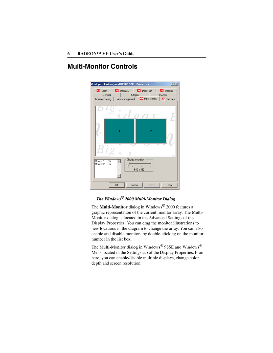 ATI Technologies 137-40225-20, VE manual Multi-Monitor Controls, Windows 2000 Multi-Monitor Dialog 