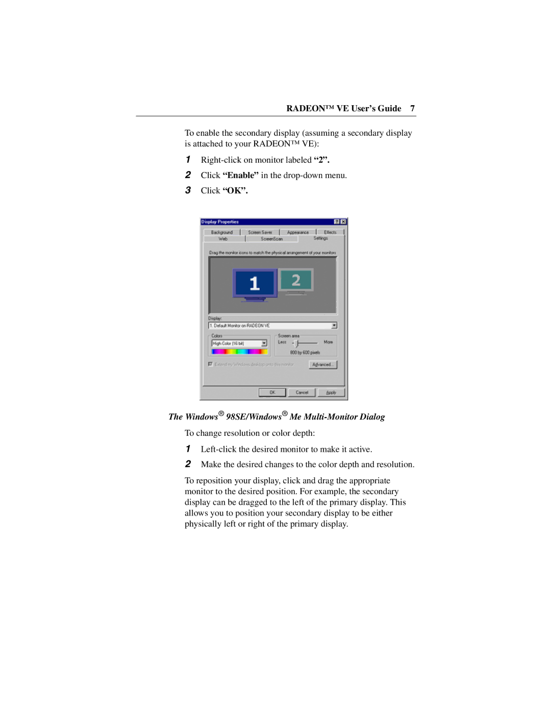 ATI Technologies VE, 137-40225-20 manual Windows 98SE/Windows Me Multi-Monitor Dialog 