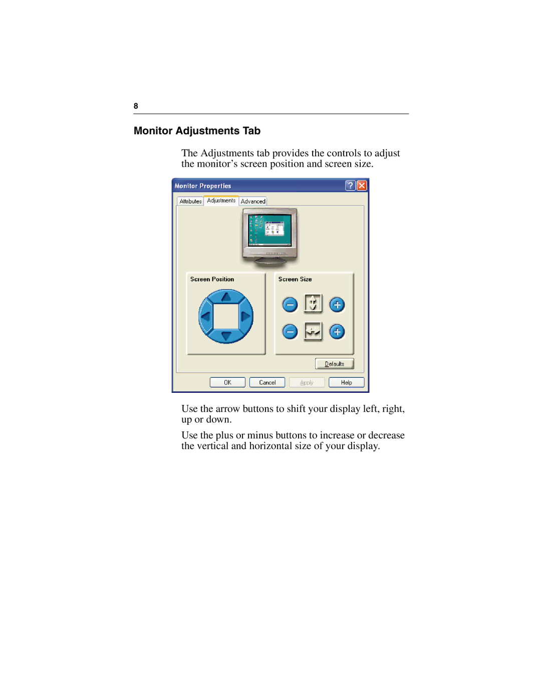 ATI Technologies 7200, 7000 specifications Monitor Adjustments Tab 