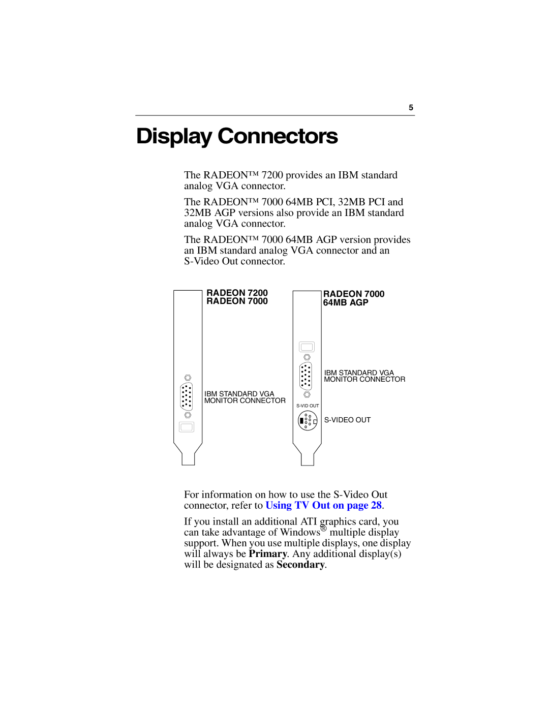 ATI Technologies 7000, 7200 specifications Display Connectors 