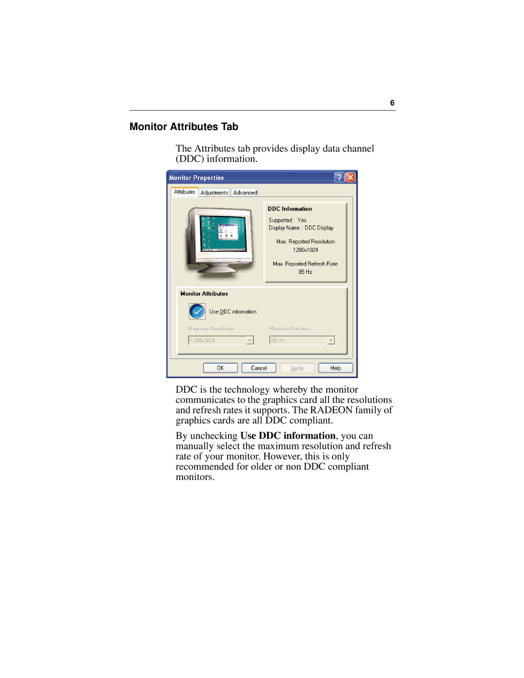 ATI Technologies 7200 specifications Monitor Attributes Tab 