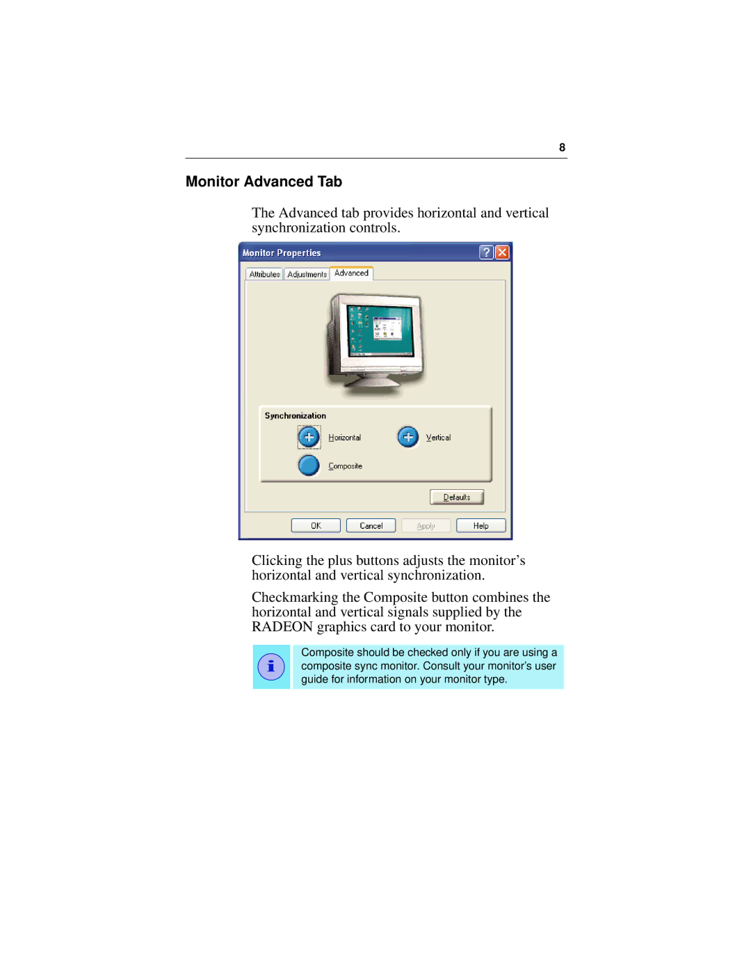 ATI Technologies 7200 specifications Monitor Advanced Tab 