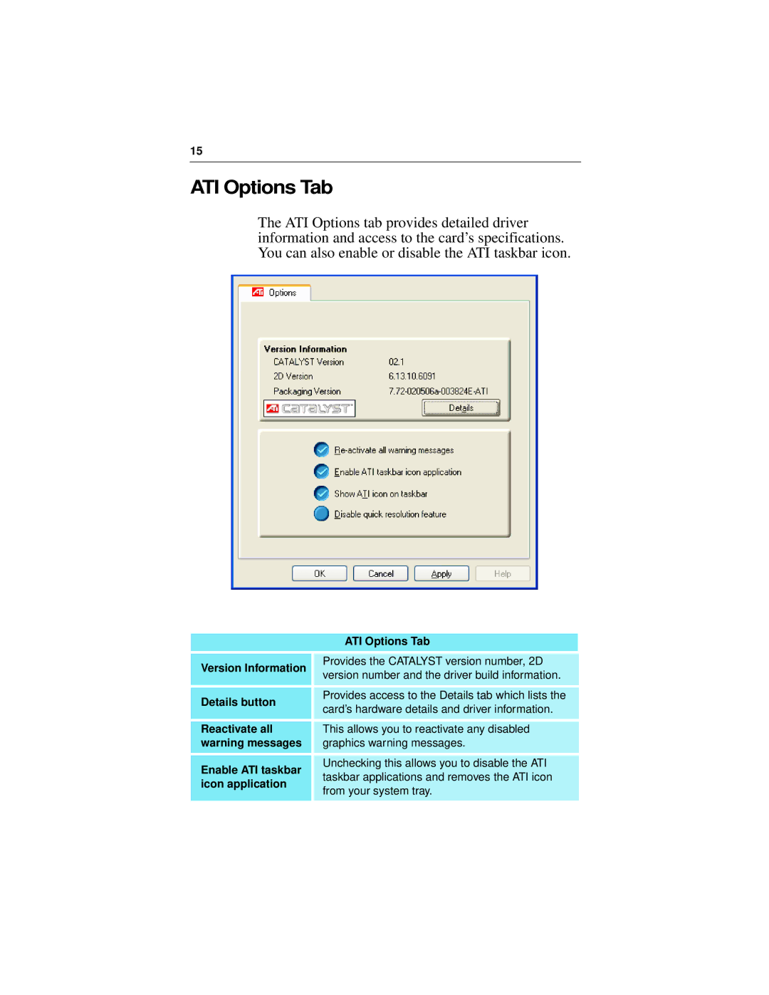 ATI Technologies 7200 specifications ATI Options Tab 