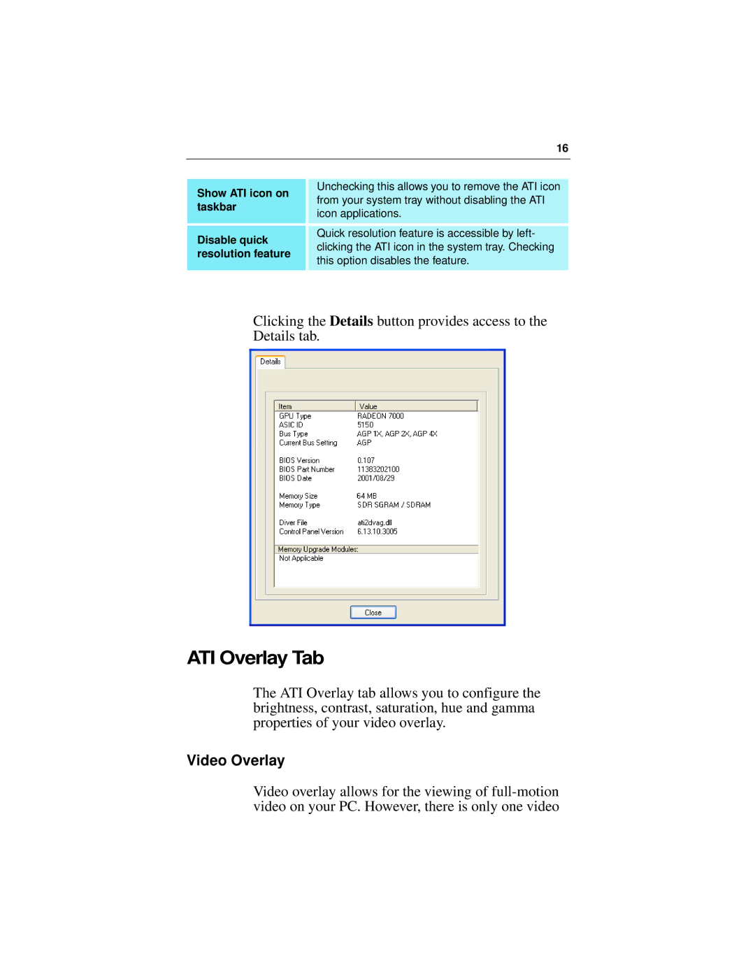 ATI Technologies 7200 specifications ATI Overlay Tab, Video Overlay 