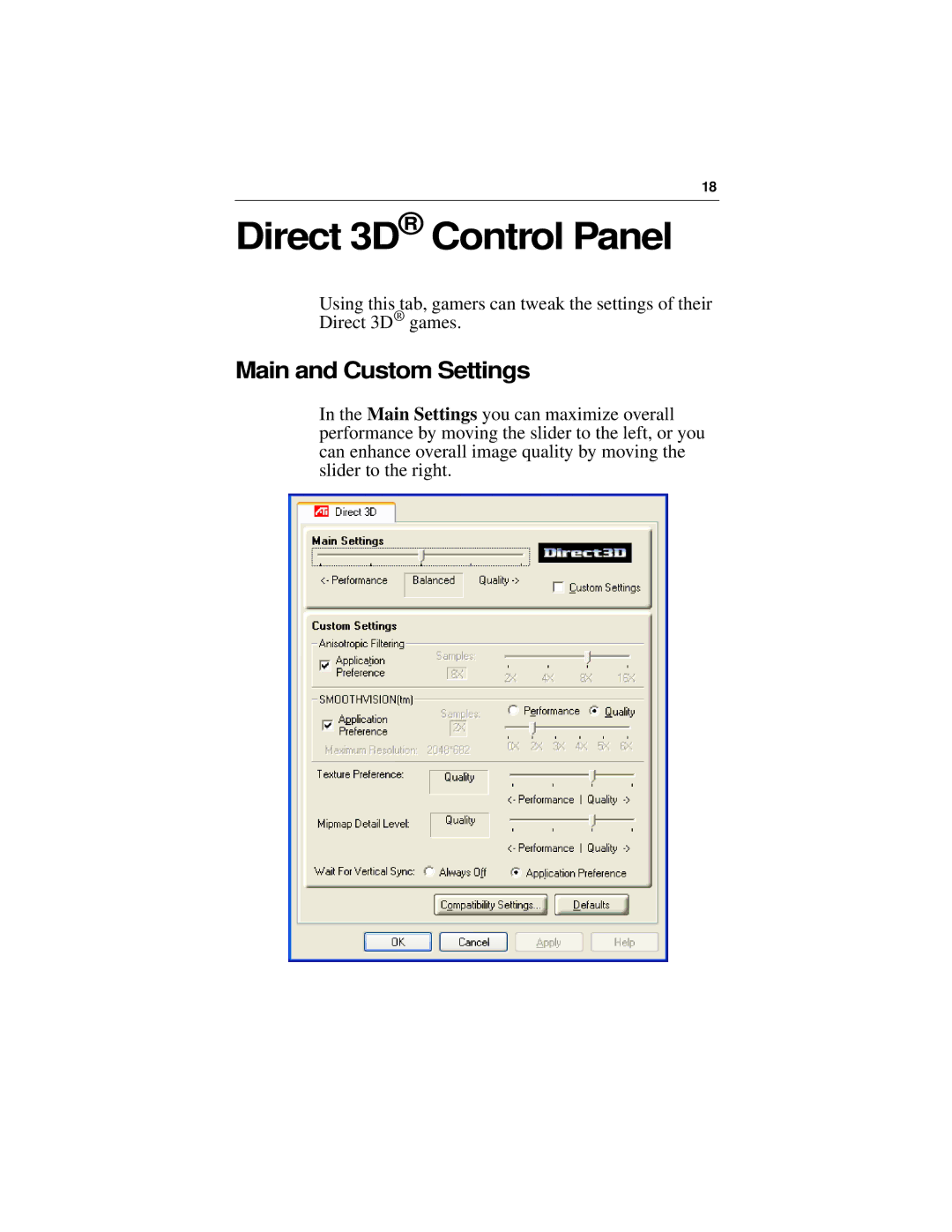 ATI Technologies 7200 specifications Direct 3D Control Panel, Main and Custom Settings 