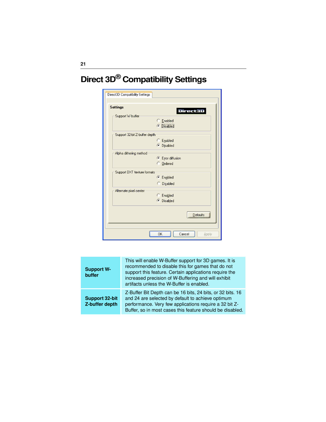 ATI Technologies 7200 specifications Direct 3D Compatibility Settings, Support W, Support 32-bit, Buffer depth 