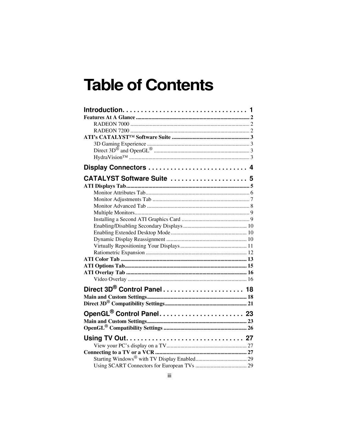 ATI Technologies 7200 specifications Table of Contents 