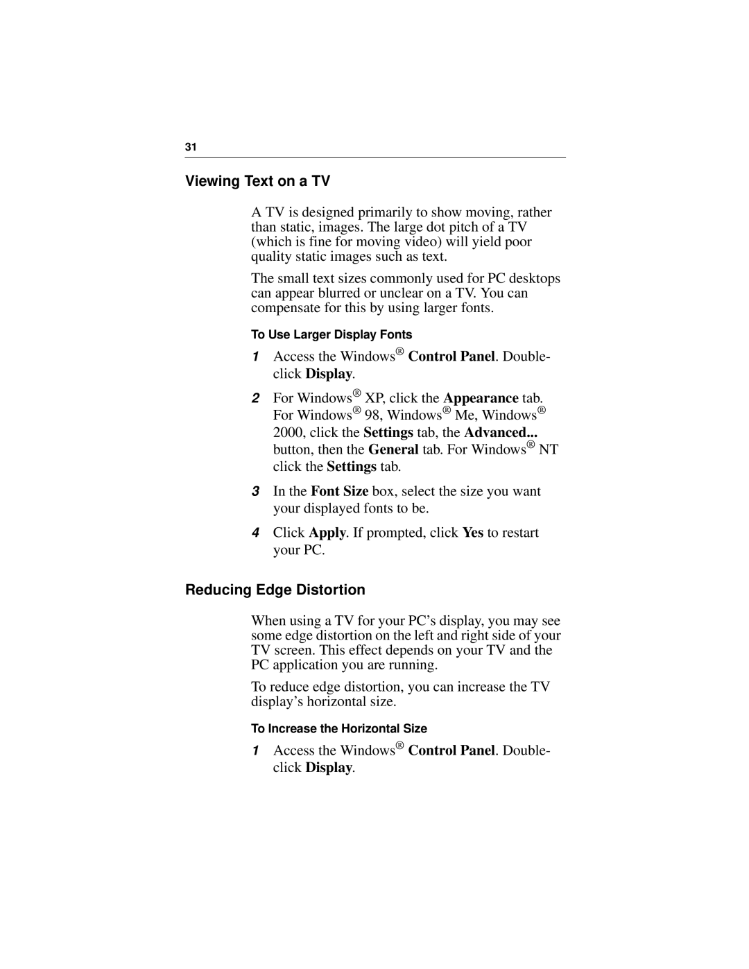 ATI Technologies 7200 specifications Viewing Text on a TV, Reducing Edge Distortion 