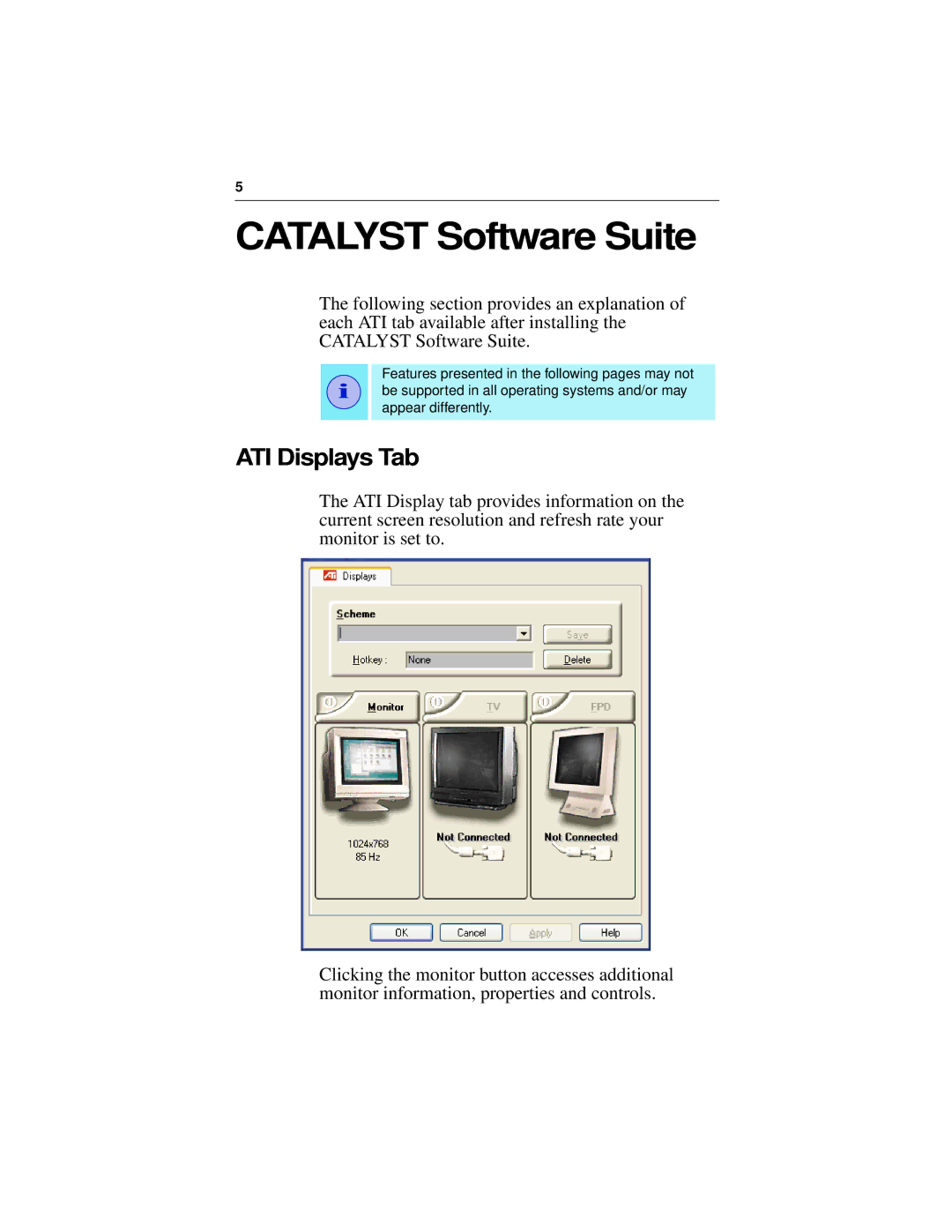 ATI Technologies 7200 specifications Catalyst Software Suite, ATI Displays Tab 