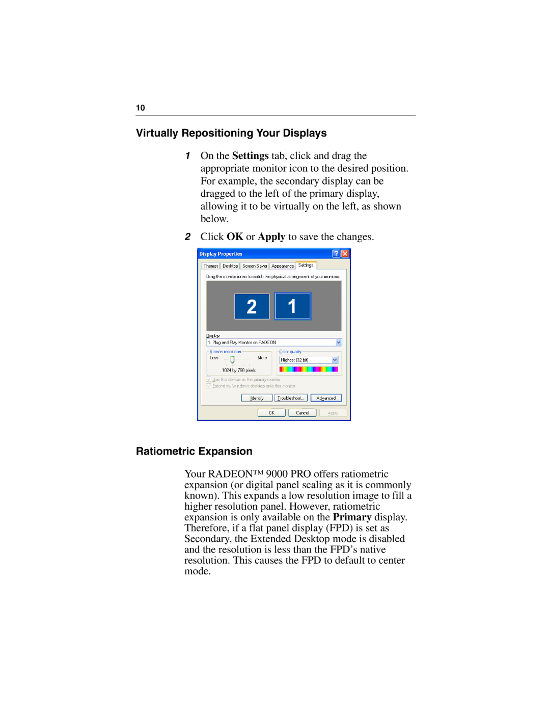 ATI Technologies 9000 PRO specifications Virtually Repositioning Your Displays, Ratiometric Expansion 