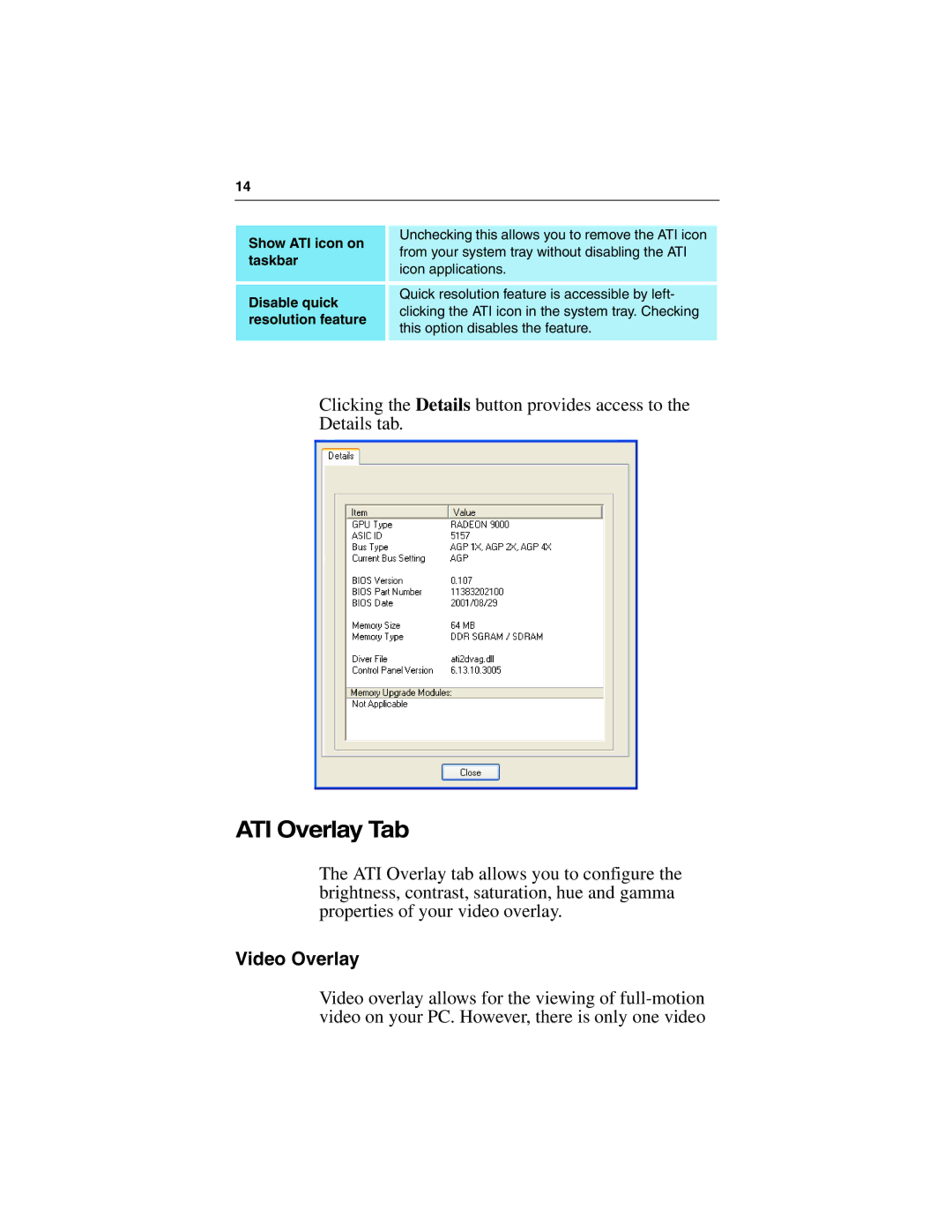 ATI Technologies 9000 PRO specifications ATI Overlay Tab, Video Overlay 