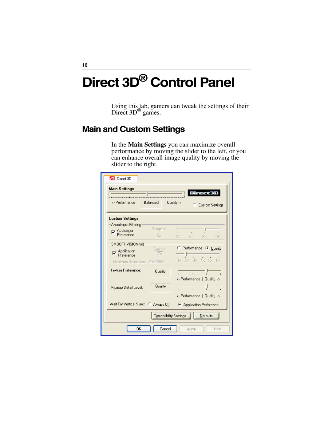 ATI Technologies 9000 PRO specifications Direct 3D Control Panel, Main and Custom Settings 