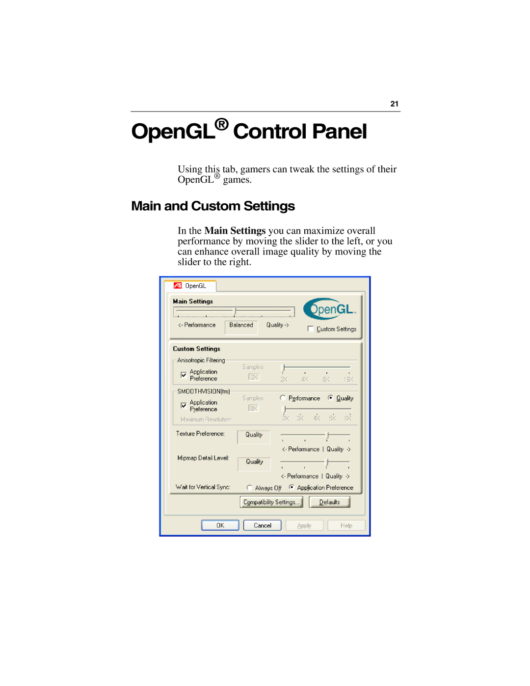 ATI Technologies 9000 PRO specifications OpenGL Control Panel, Main and Custom Settings 