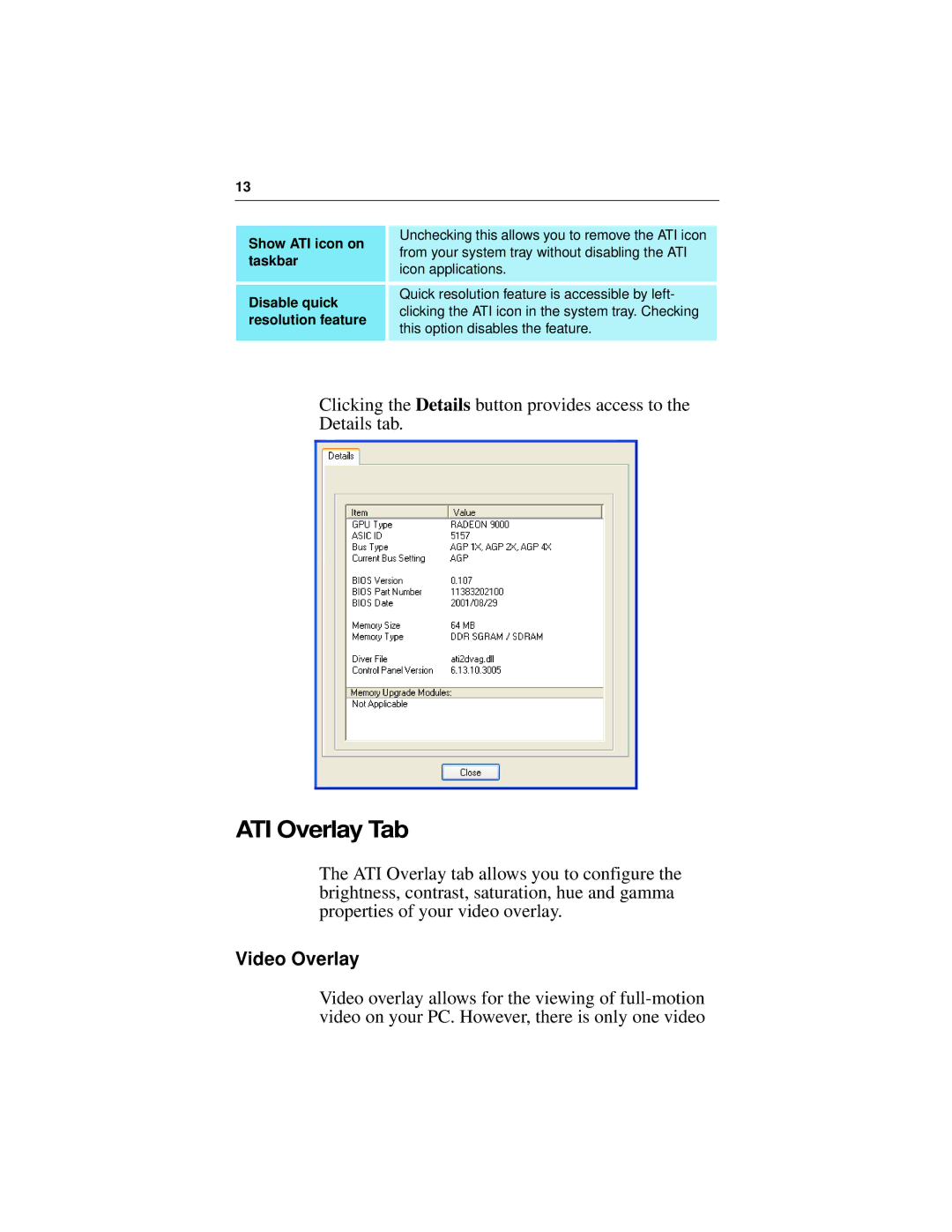 ATI Technologies 9000 specifications ATI Overlay Tab, Video Overlay 