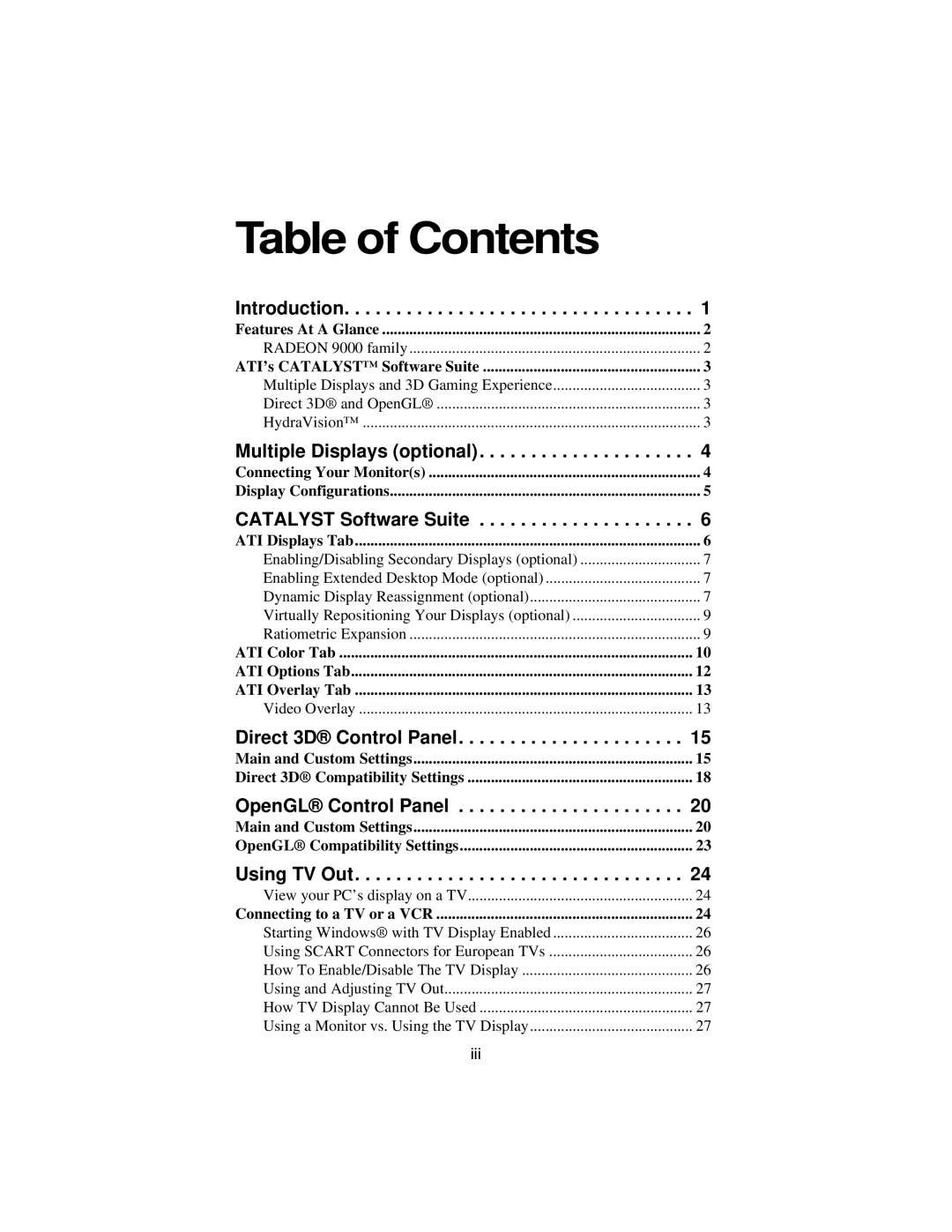 ATI Technologies 9000 specifications Table of Contents 