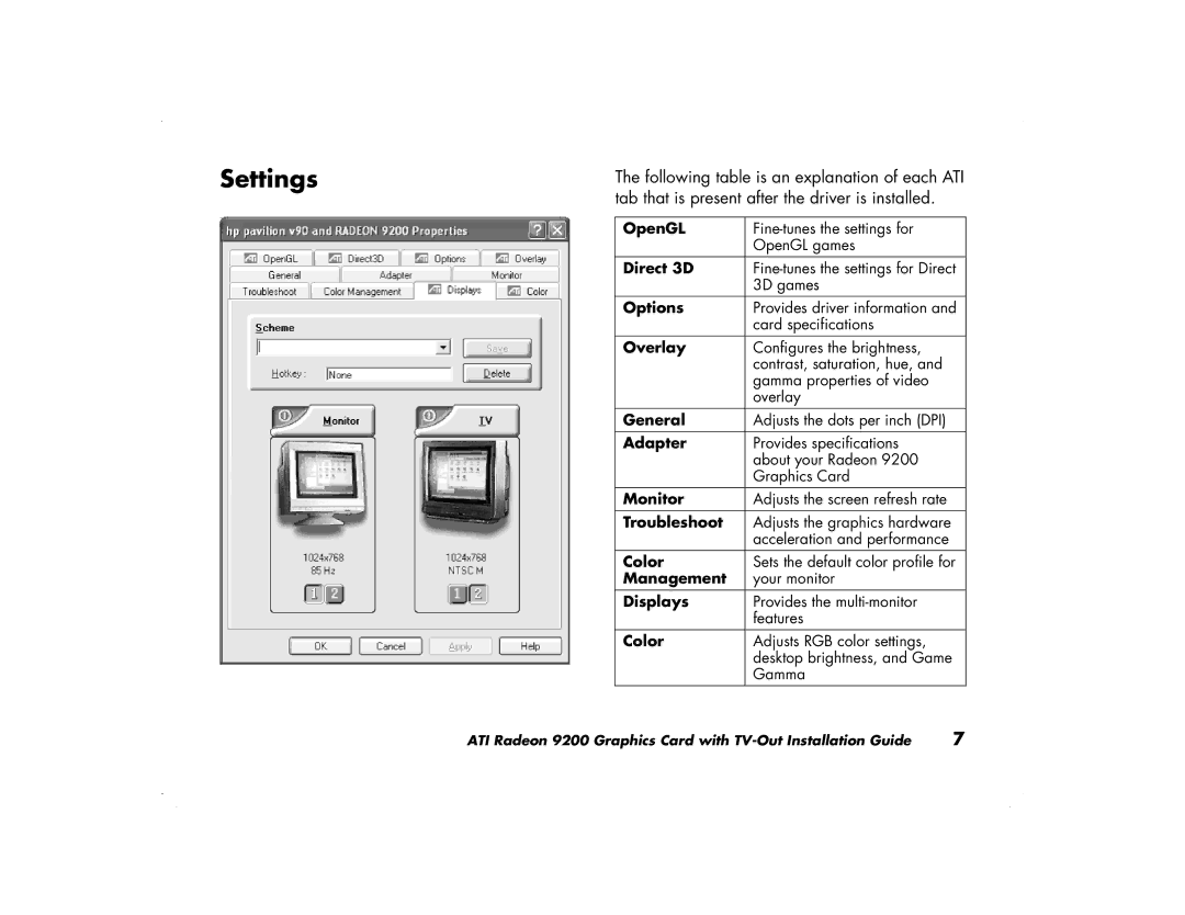 ATI Technologies 9200 manual Settings 