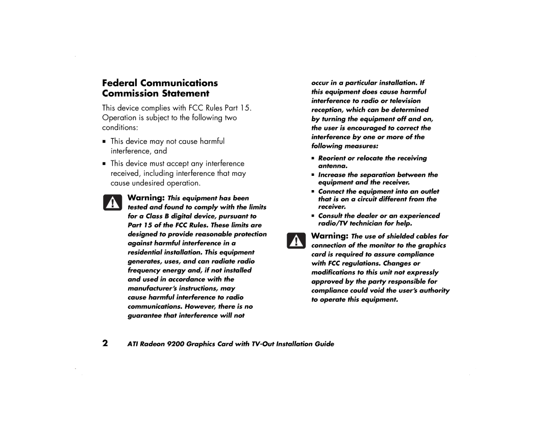 ATI Technologies 9200 manual Federal Communications Commission Statement 