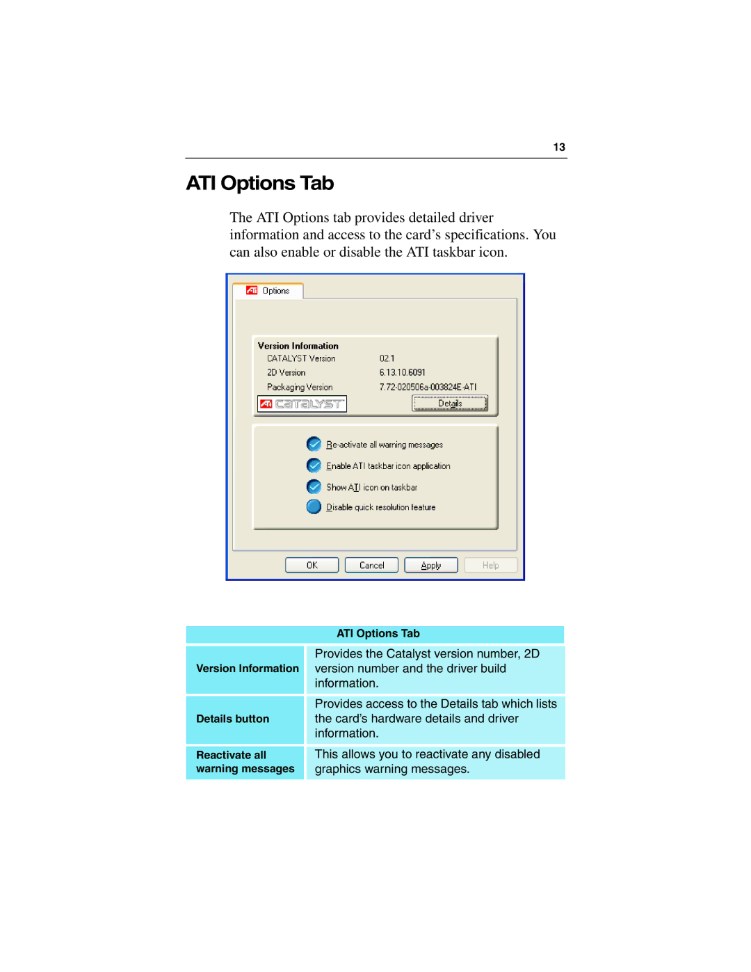 ATI Technologies 9500 SERIES specifications ATI Options Tab 