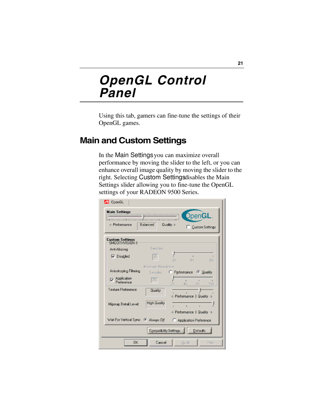 ATI Technologies 9500 SERIES specifications OpenGL Control Panel 