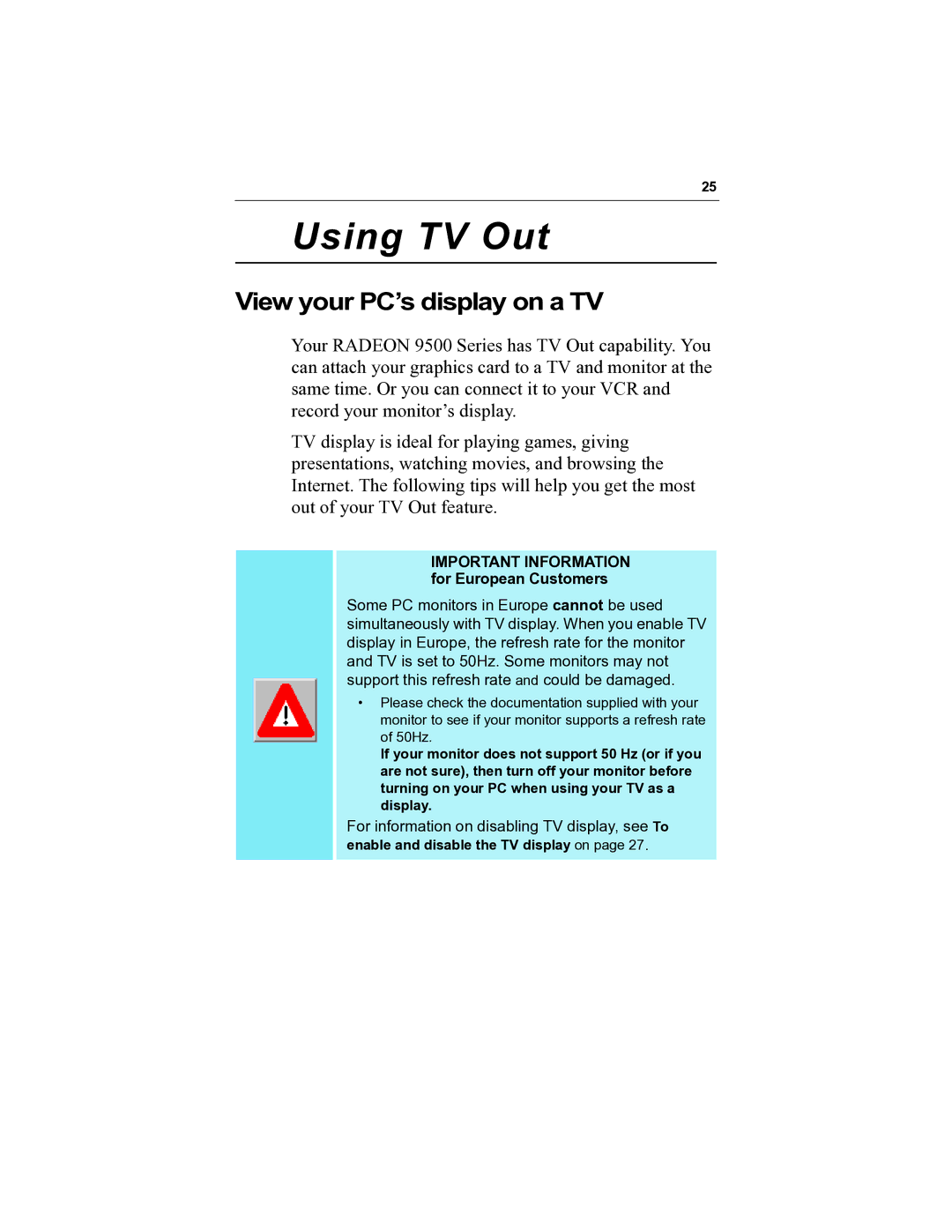 ATI Technologies 9500 SERIES specifications Using TV Out 