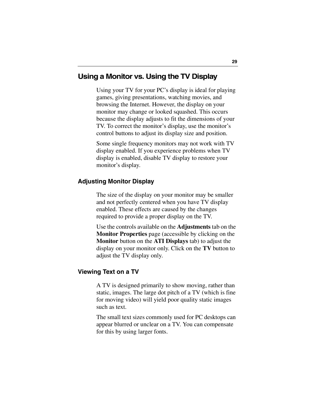 ATI Technologies 9500 SERIES Using a Monitor vs. Using the TV Display, Adjusting Monitor Display, Viewing Text on a TV 