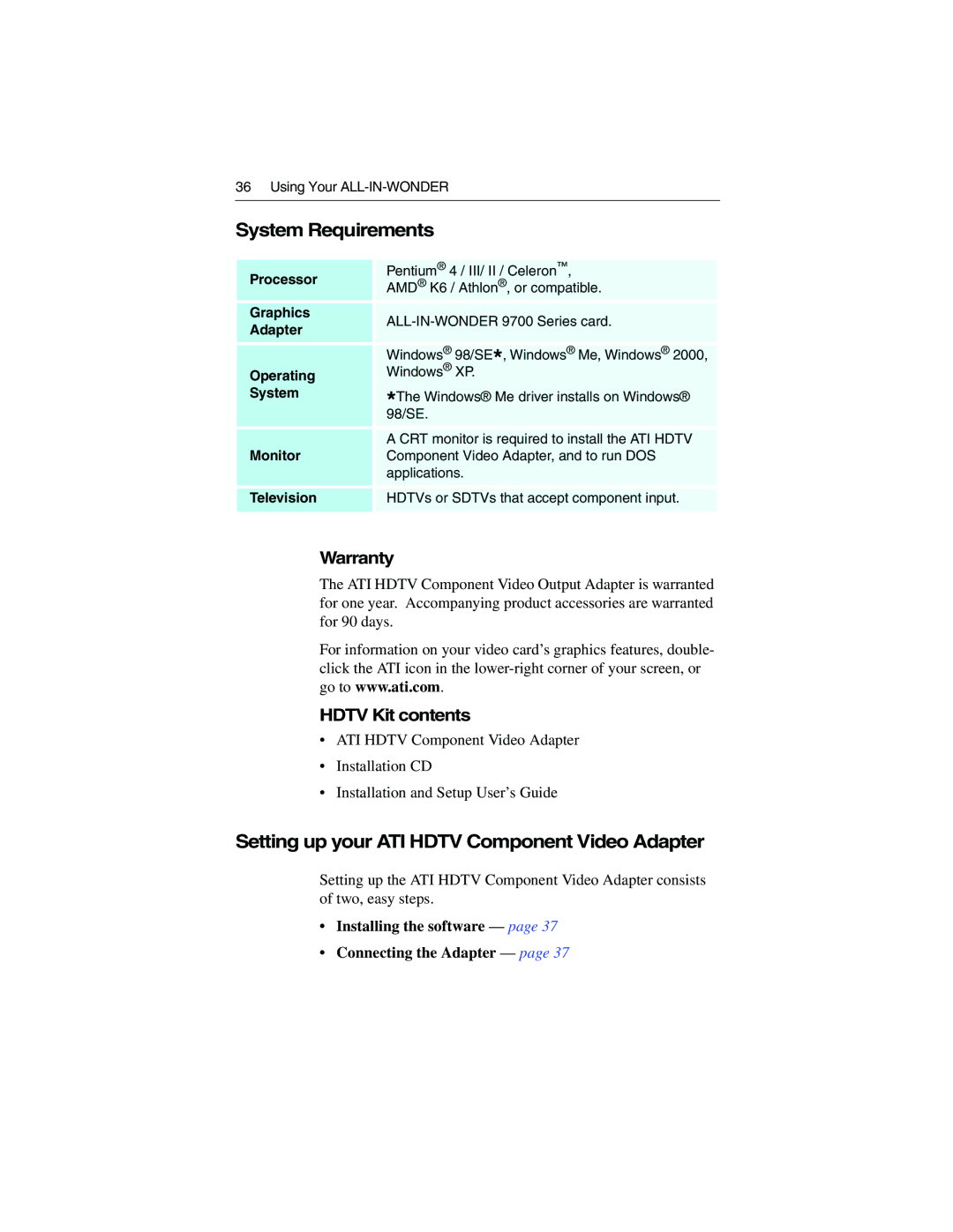 ATI Technologies 9700 specifications System Requirements, Setting up your ATI Hdtv Component Video Adapter 