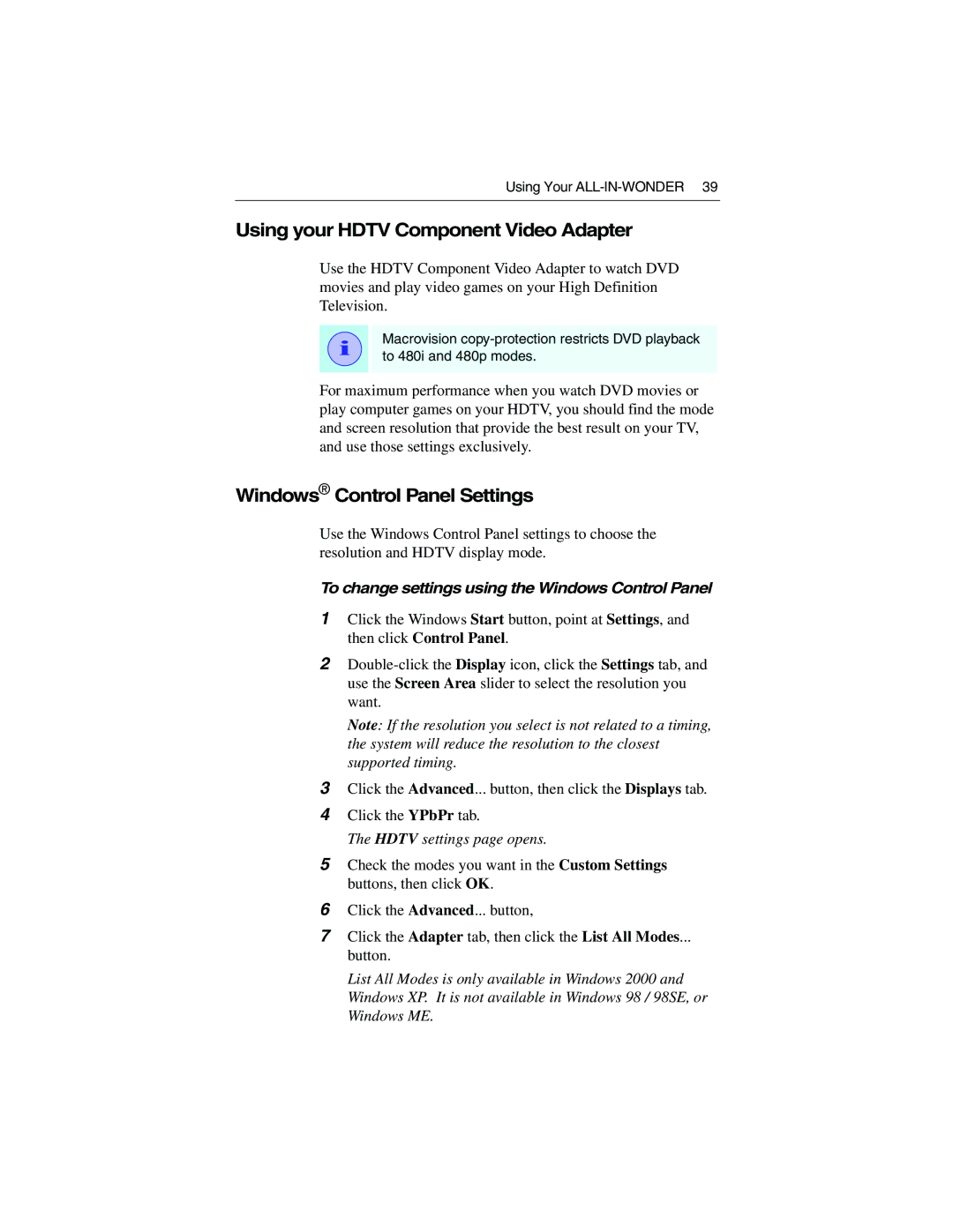 ATI Technologies 9700 specifications Using your Hdtv Component Video Adapter, Windows Control Panel Settings 