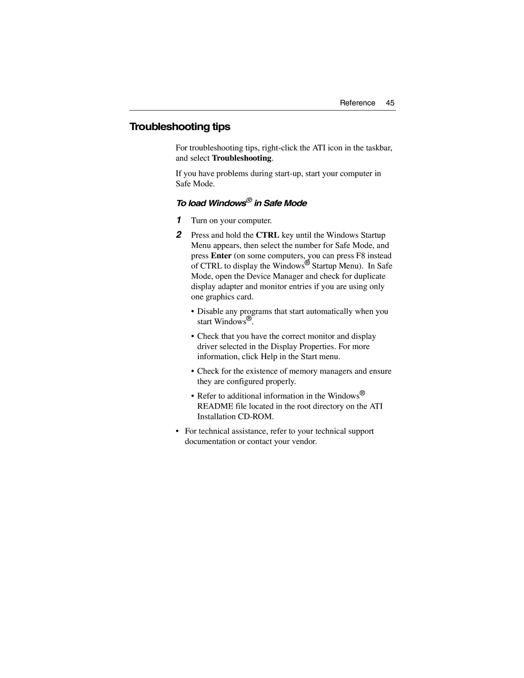 ATI Technologies 9700 specifications Troubleshooting tips, To load Windows in Safe Mode 