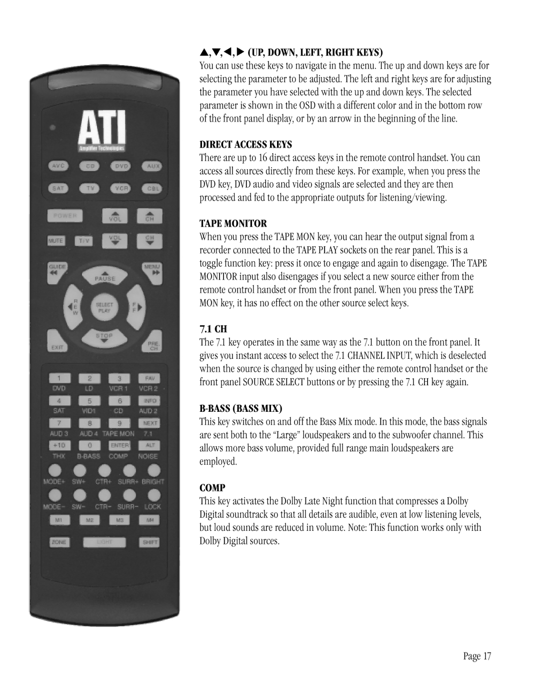 ATI Technologies ATP 8500 manual UP, DOWN, LEFT, Right Keys, Direct Access Keys, Tape Monitor, Bass Bass MIX, Comp 