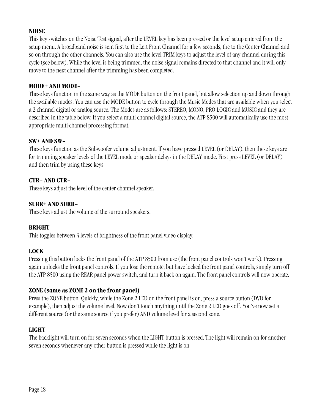 ATI Technologies ATP 8500 manual Noise, MODE+ and Mode, SW+ and SW, CTR+ and CTR, SURR+ and Surr, Bright, Lock, Light 