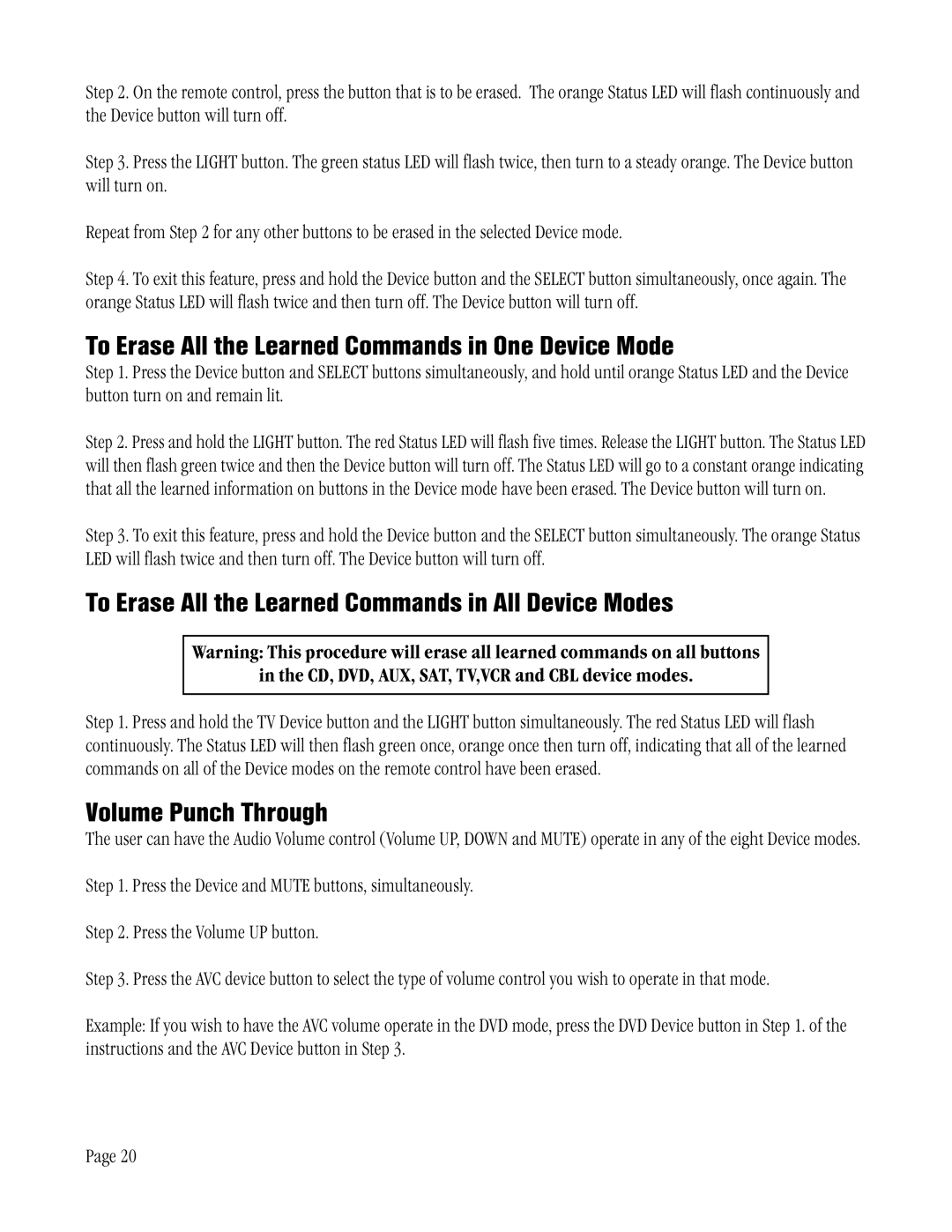 ATI Technologies ATP 8500 manual To Erase All the Learned Commands in One Device Mode, Volume Punch Through 