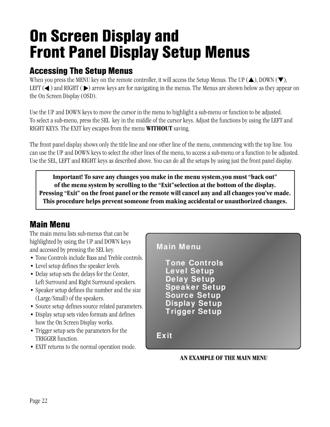 ATI Technologies ATP 8500 manual On Screen Display Front Panel Display Setup Menus, Accessing The Setup Menus, Main Menu 