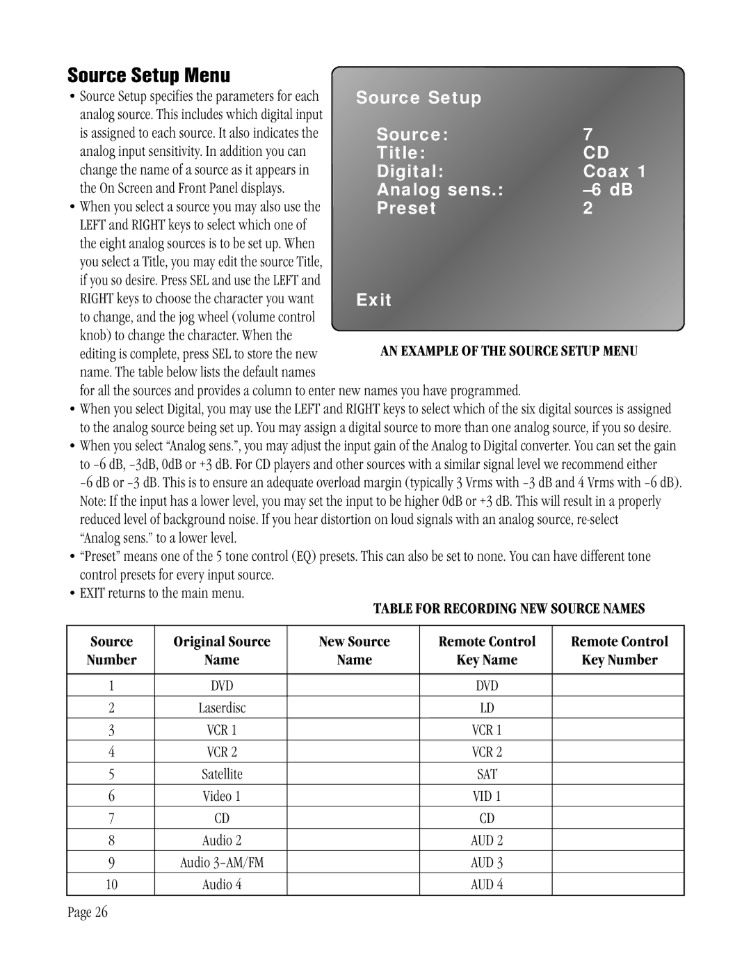 ATI Technologies ATP 8500 manual Source Setup Menu, Table for Recording NEW Source Names 