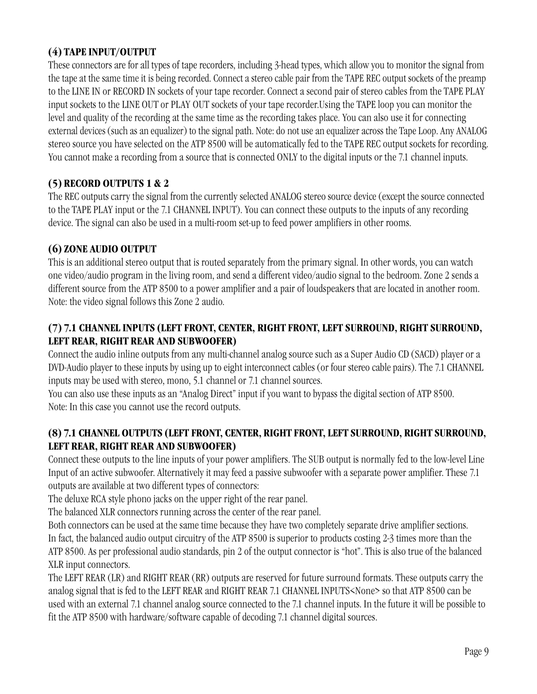 ATI Technologies ATP 8500 manual Tape INPUT/OUTPUT, Record Outputs 1, Zone Audio Output 