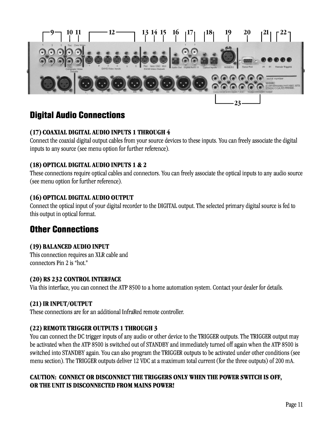 ATI Technologies ATP 8500 manual COAXIAL DIGITAL AUDIO INPUTS 1 THROUGH, Optical Digital Audio Inputs, Balanced Audio Input 