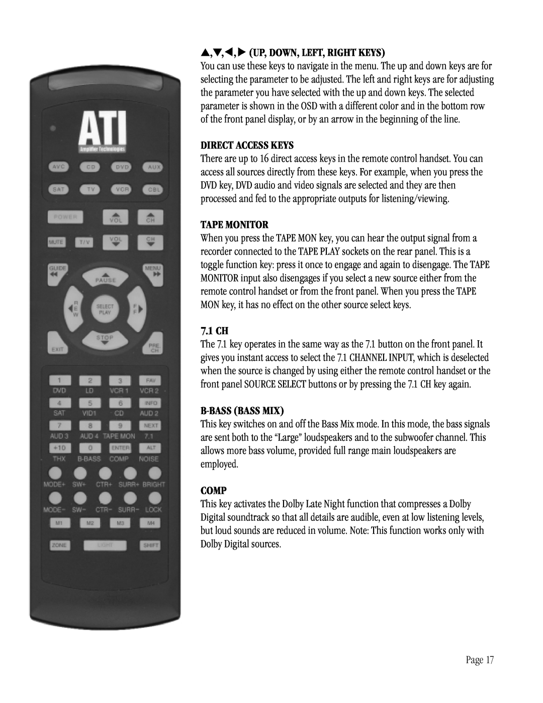 ATI Technologies ATP 8500 manual Up, Down, Left, Right Keys, Direct Access Keys, Tape Monitor, 7.1 CH, B-Bassbass Mix, Comp 