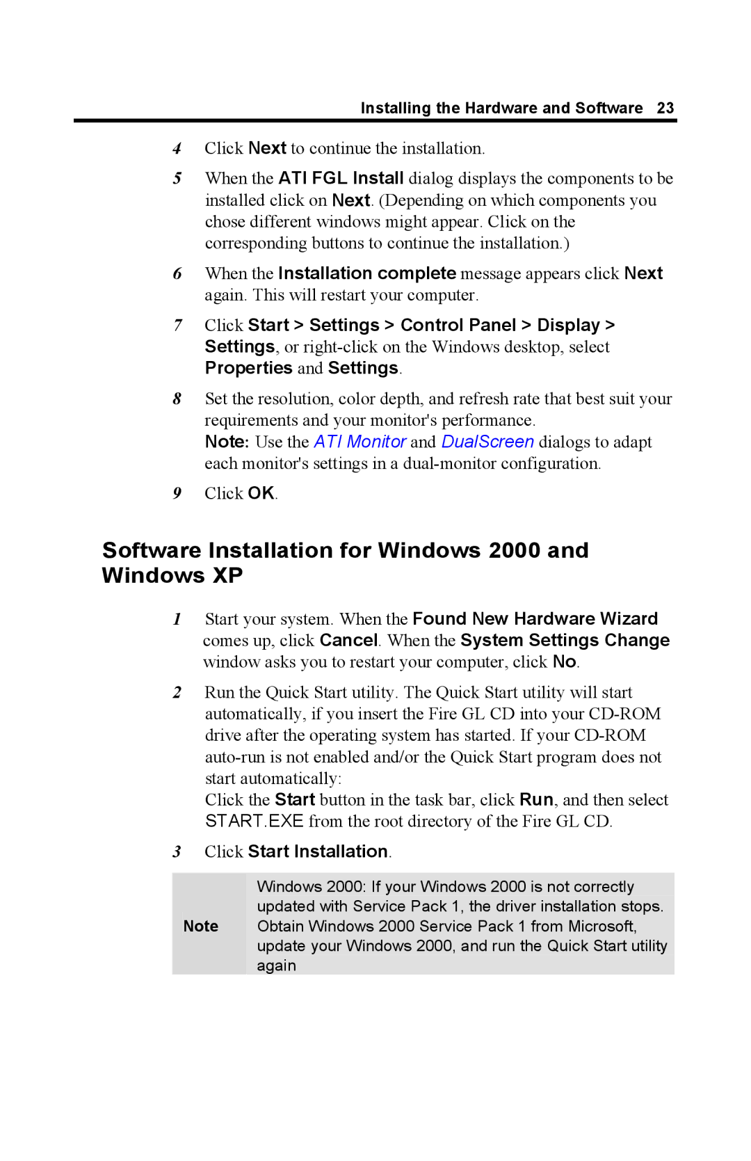 ATI Technologies GL 8800 specifications Software Installation for Windows 2000 and Windows XP 