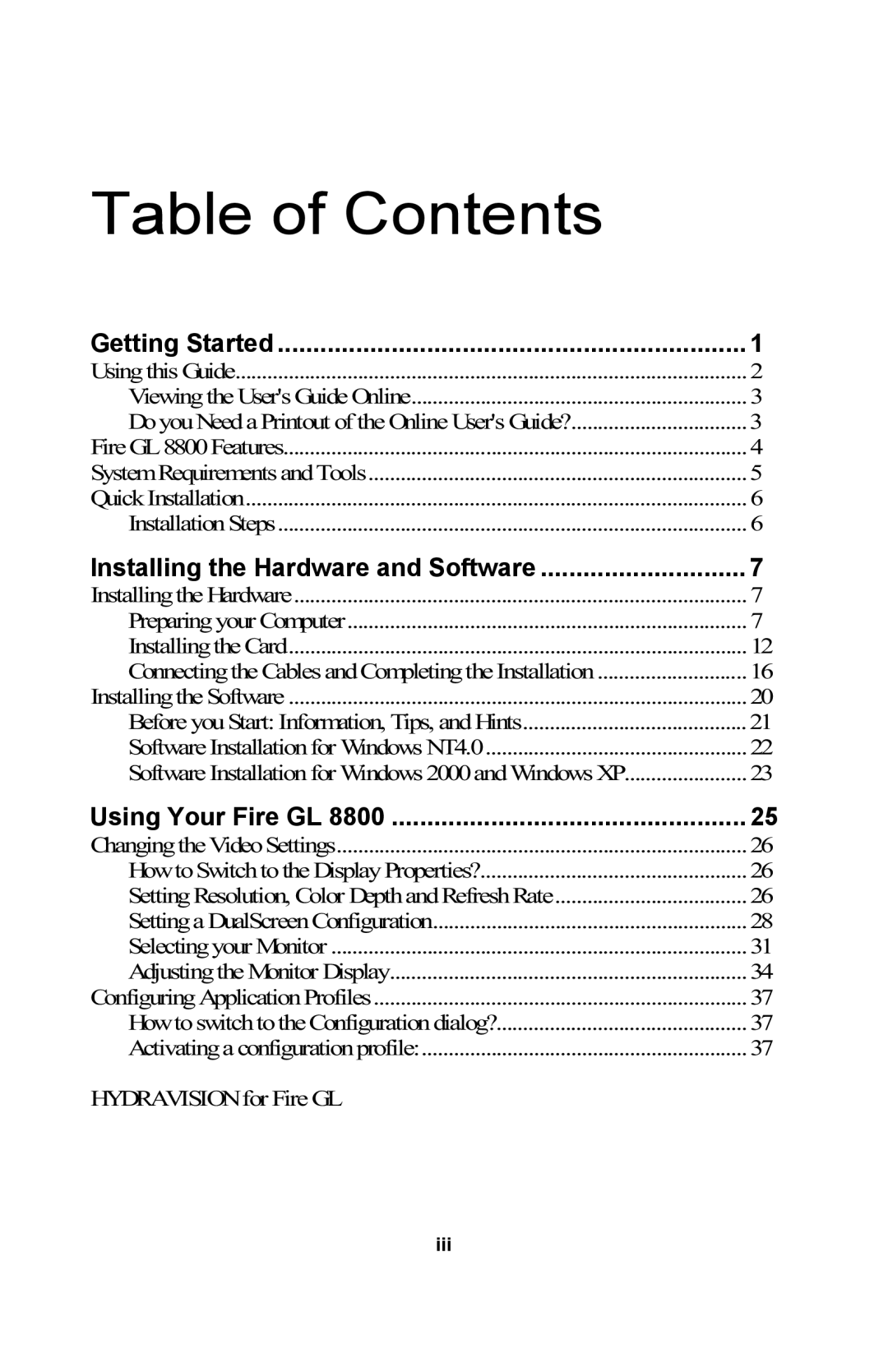 ATI Technologies GL 8800 specifications Table of Contents 