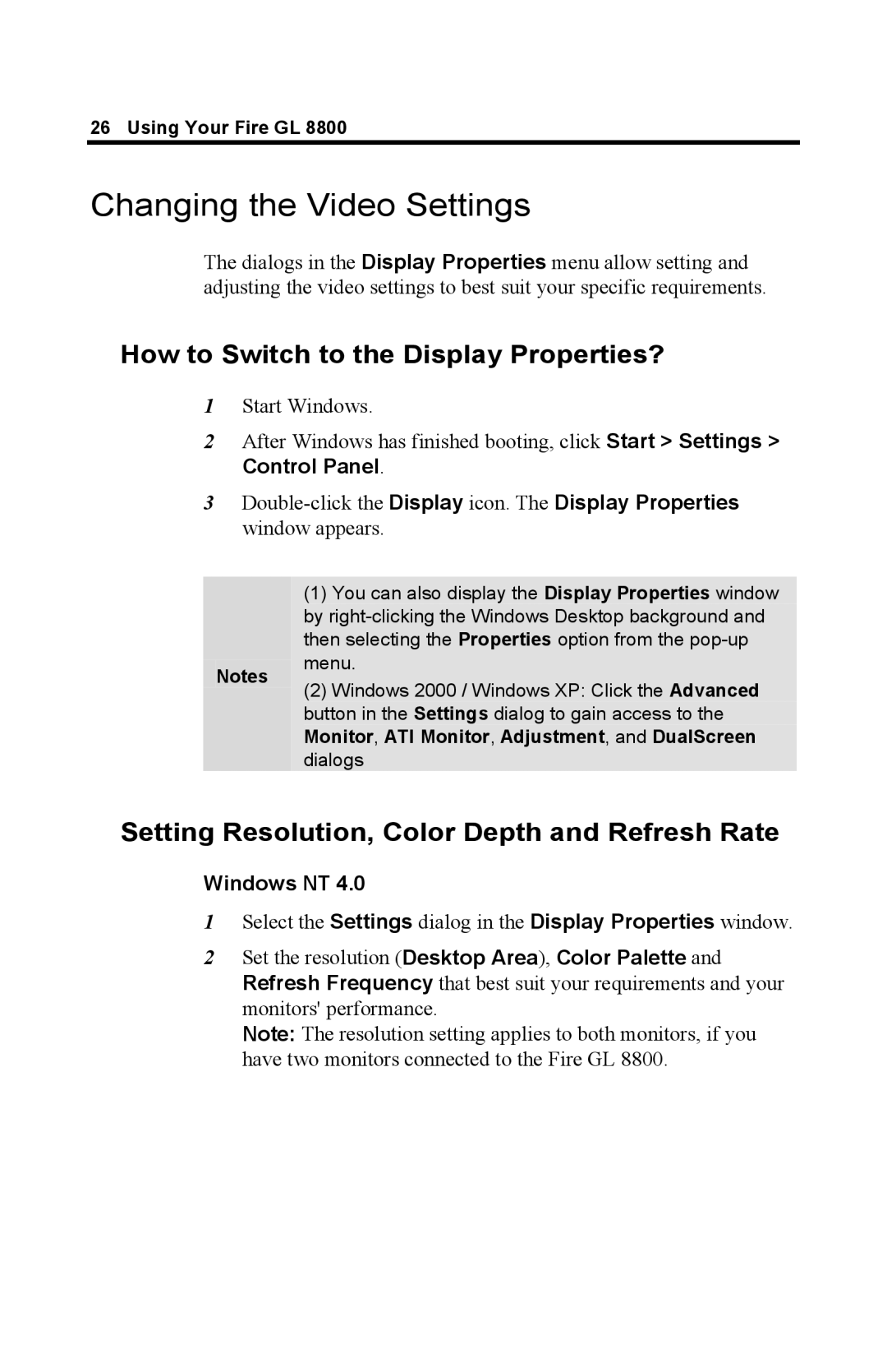 ATI Technologies GL 8800 specifications Changing the Video Settings, How to Switch to the Display Properties?, Windows NT 