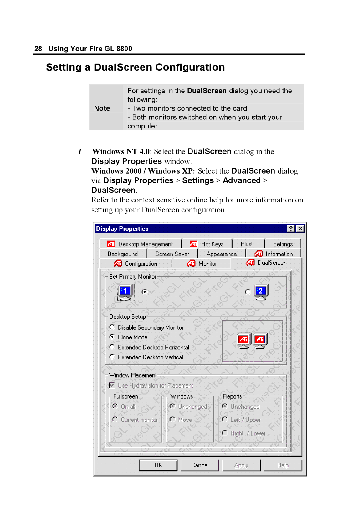 ATI Technologies GL 8800 specifications Setting a DualScreen Configuration, Display Properties window 