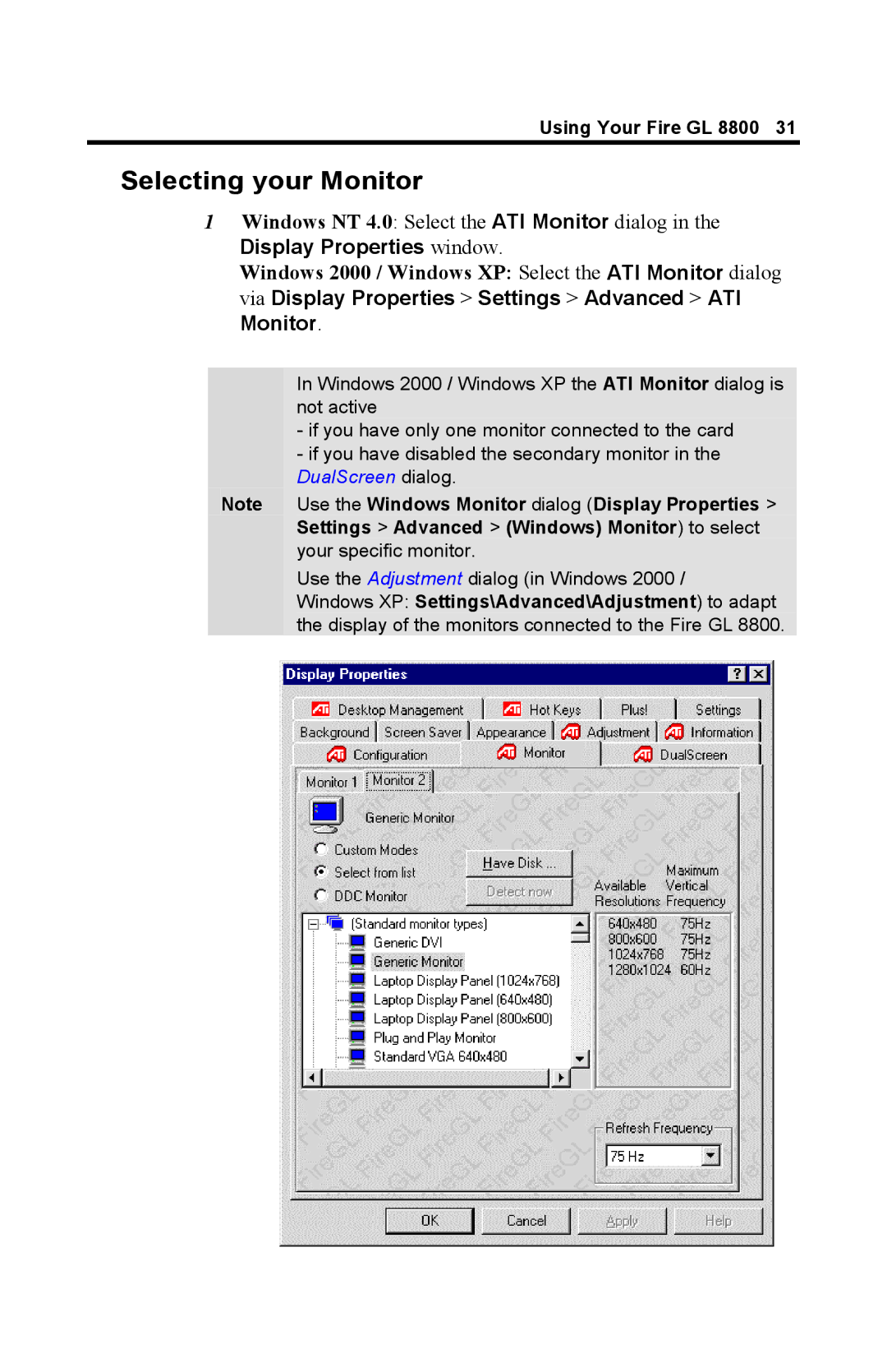 ATI Technologies GL 8800 specifications Selecting your Monitor, Display Properties window 