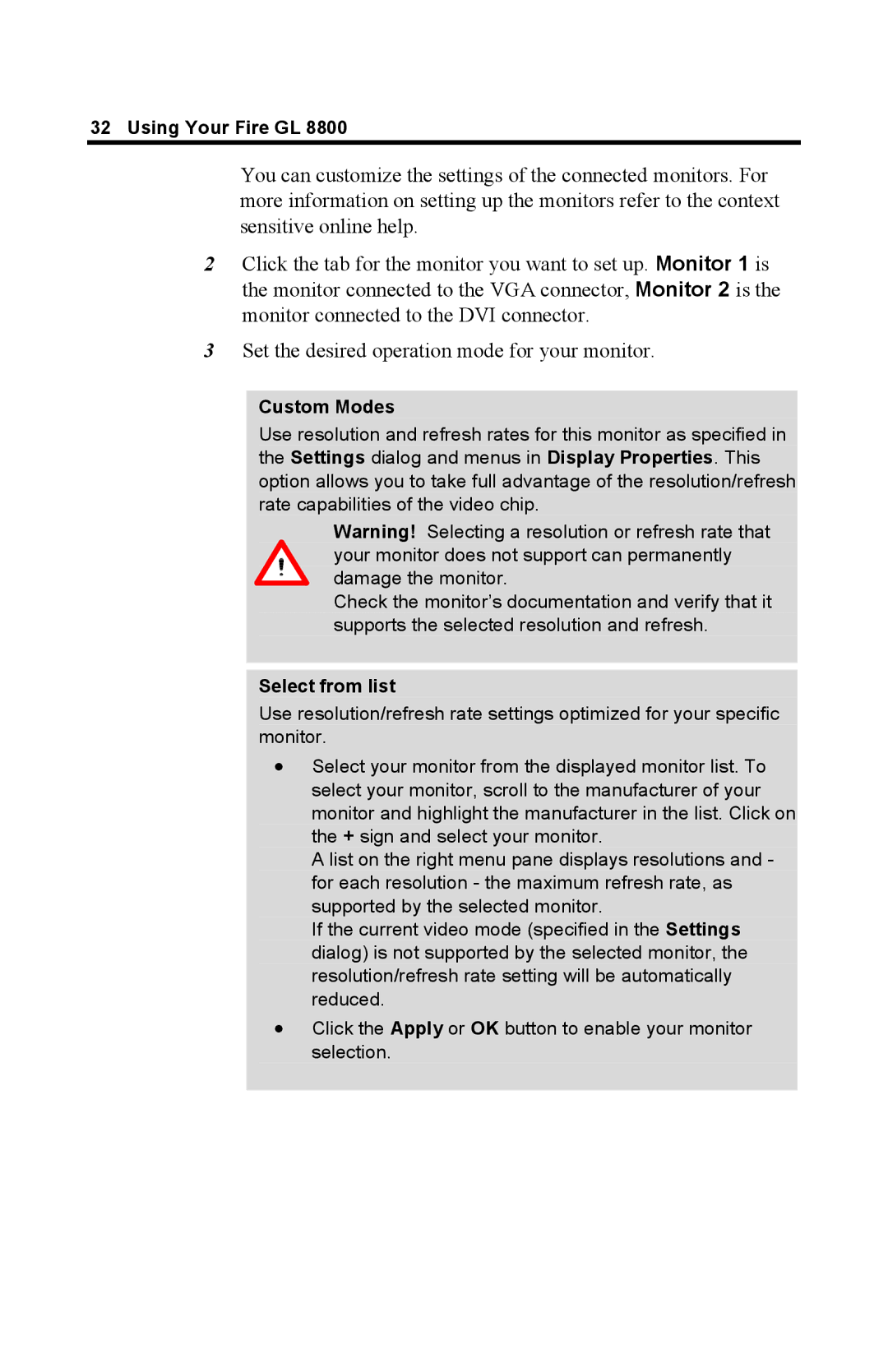 ATI Technologies GL 8800 specifications Custom Modes, Select from list 