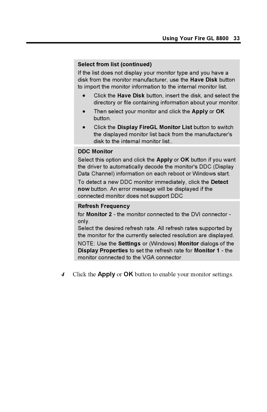 ATI Technologies specifications Using Your Fire GL 8800 Select from list, Refresh Frequency 