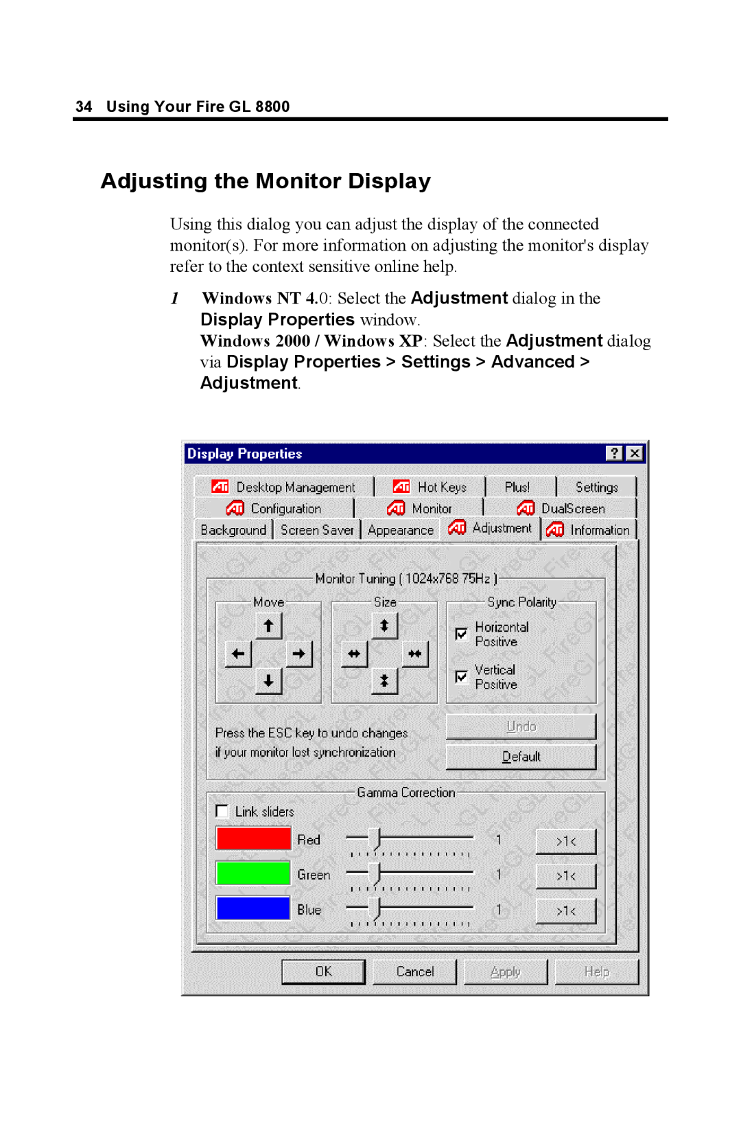 ATI Technologies GL 8800 specifications Adjusting the Monitor Display, Display Properties window 