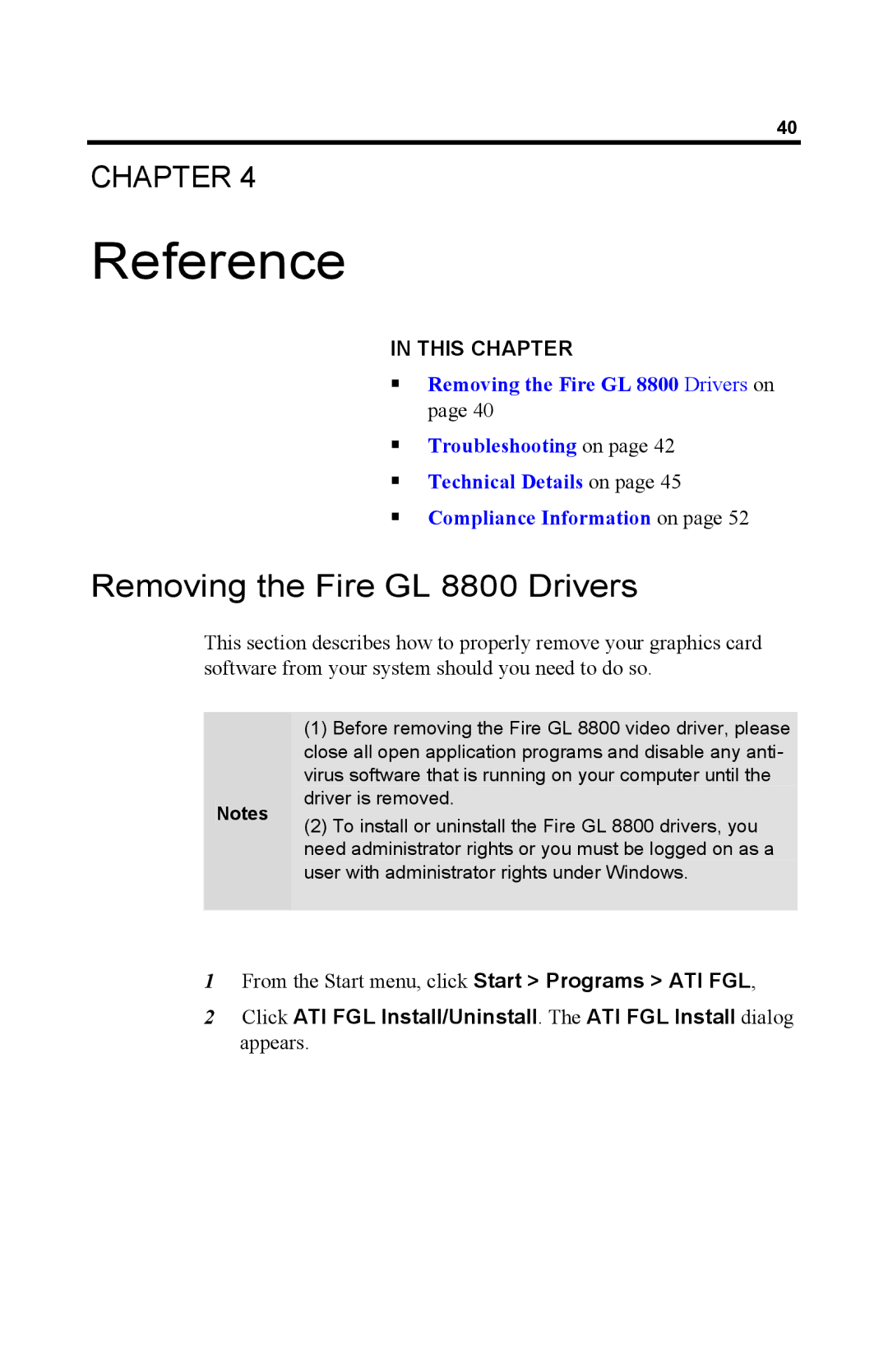 ATI Technologies specifications Reference, Removing the Fire GL 8800 Drivers 