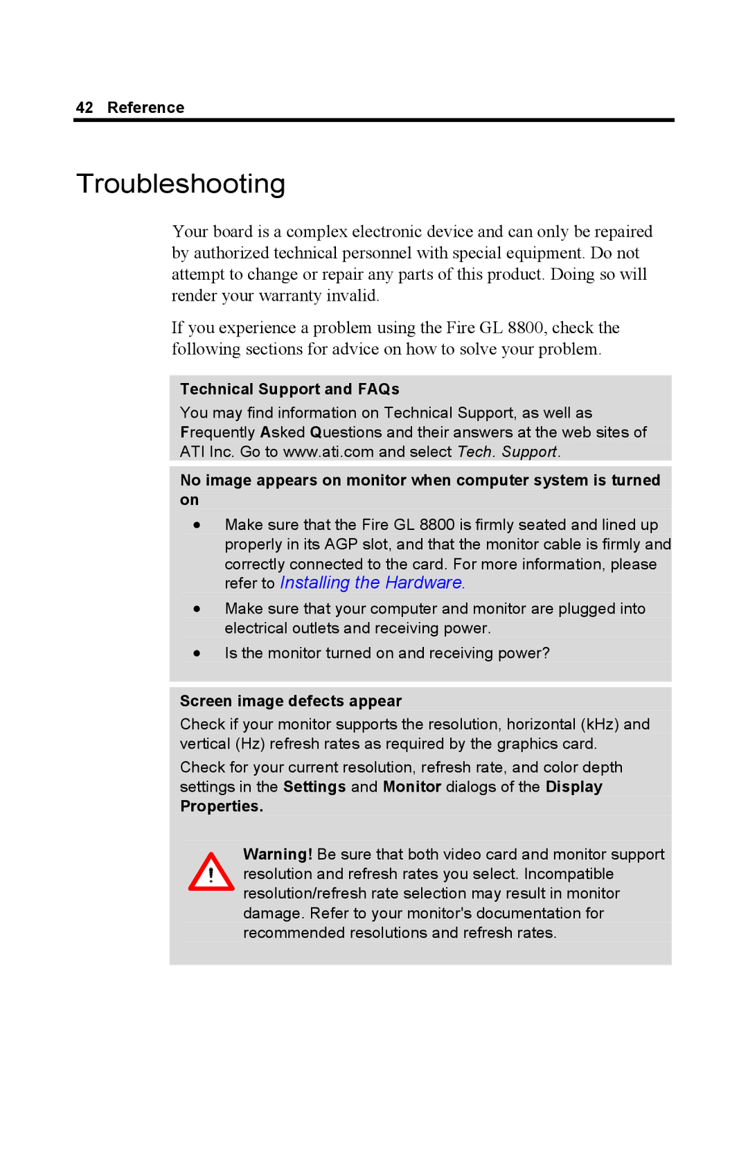 ATI Technologies GL 8800 Troubleshooting, Technical Support and FAQs, Screen image defects appear, Properties 