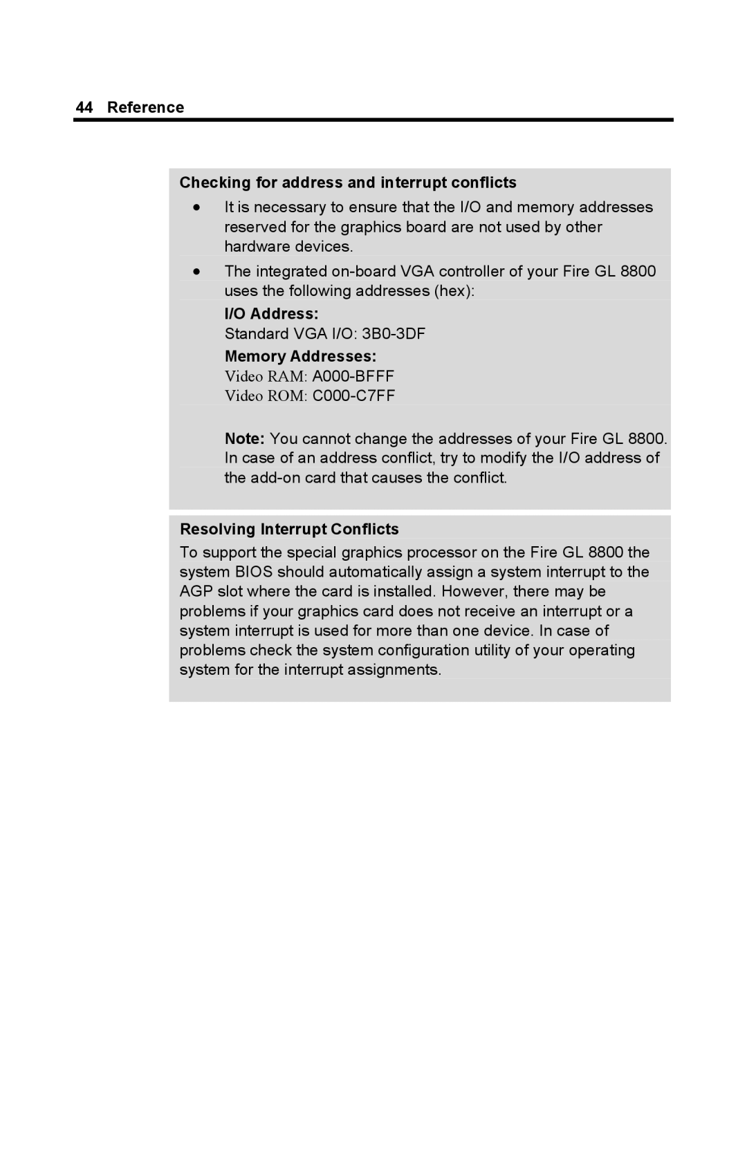 ATI Technologies GL 8800 specifications Reference Checking for address and interrupt conflicts, Memory Addresses 