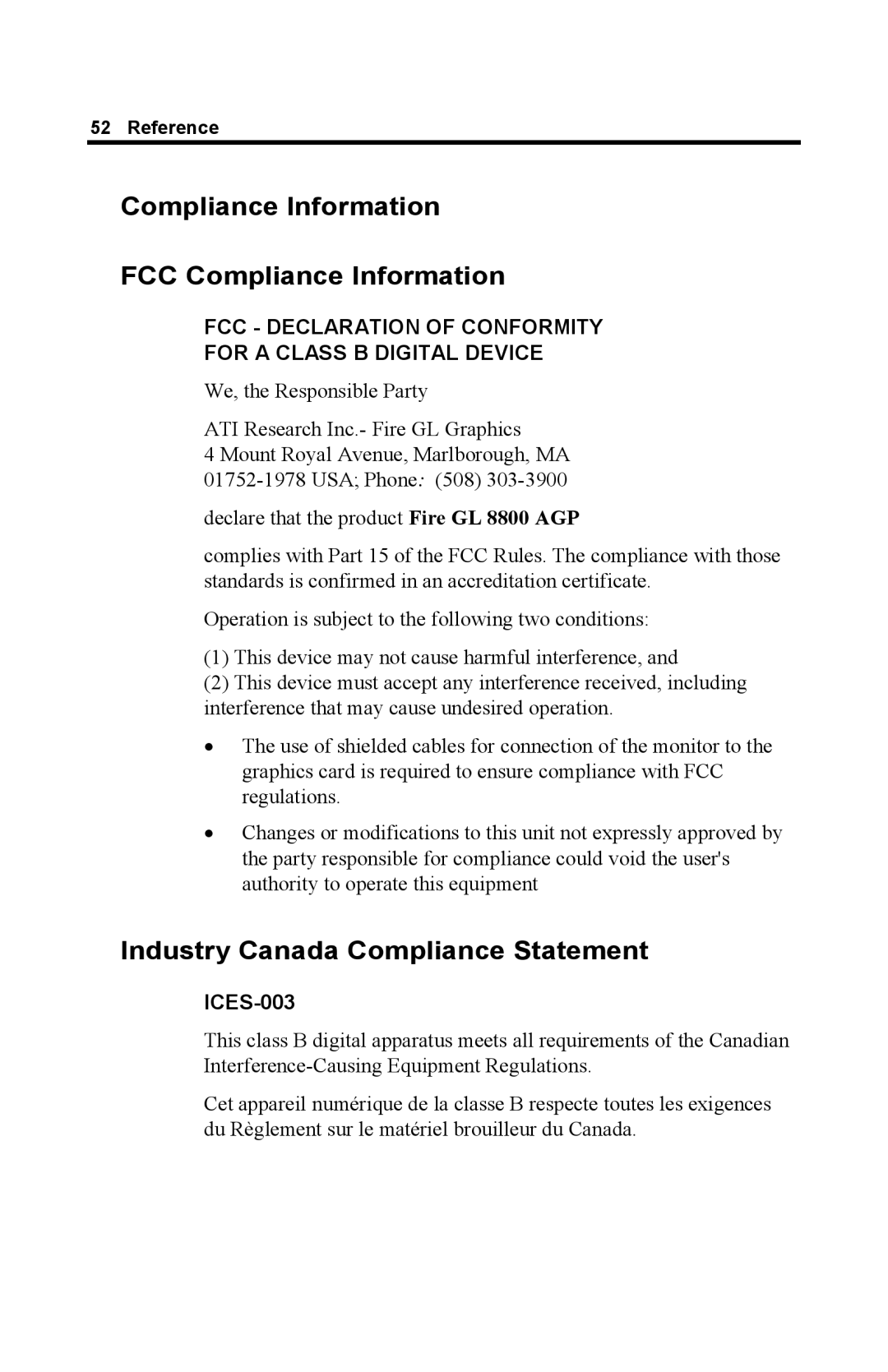 ATI Technologies GL 8800 Compliance Information FCC Compliance Information, Industry Canada Compliance Statement, ICES-003 